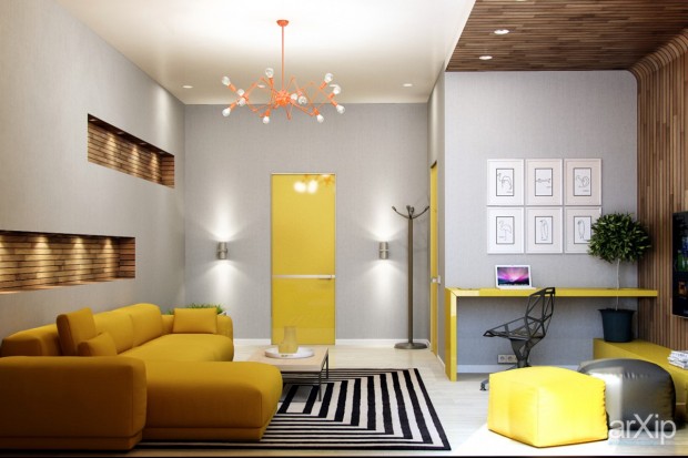 Sarı Renkli Koltuk Takımı ve Sarının yoğun kullanıldığı bir salon tasarımı